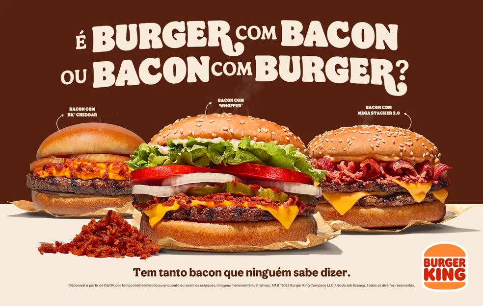 Anúncio do Burger King destacando a escolha entre hambúrguer e bacon, ilustrando como a Regra de Três pode ser utilizada para calcular a proporção de ingredientes em receitas.