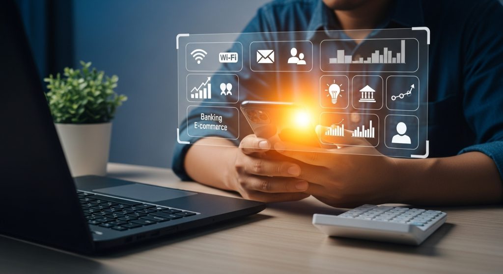 Uma pessoa está segurando um smartphone com as duas mãos, e uma série de ícones virtuais relacionados a negócios e tecnologia flutuam acima do telefone. Os ícones incluem Wi-Fi, e-mail, pessoas, gráficos de barras, uma lâmpada, um banco, gráficos de linha, além de tags como "Banking" e "E-commerce". Um laptop e uma calculadora branca estão sobre a mesa ao lado da pessoa. A luz brilhante no centro do smartphone sugere inovação e conexão. A imagem ilustra a interconexão de tecnologias e serviços digitais, essenciais para entender Como Vender pela Internet.