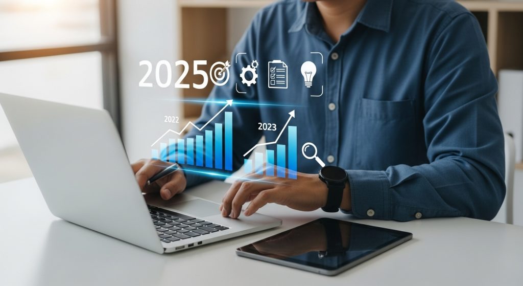 Um profissional, sentado em frente a um laptop, analisa gráficos de crescimento virtual que se projetam da tela, com o ano '2025' em destaque. Ícones representando engrenagens, uma lista de verificação e uma lâmpada indicam a otimização, o planejamento e a inovação em marketing digital. A imagem simboliza a análise de dados e a projeção de estratégias para o futuro do marketing digital.
