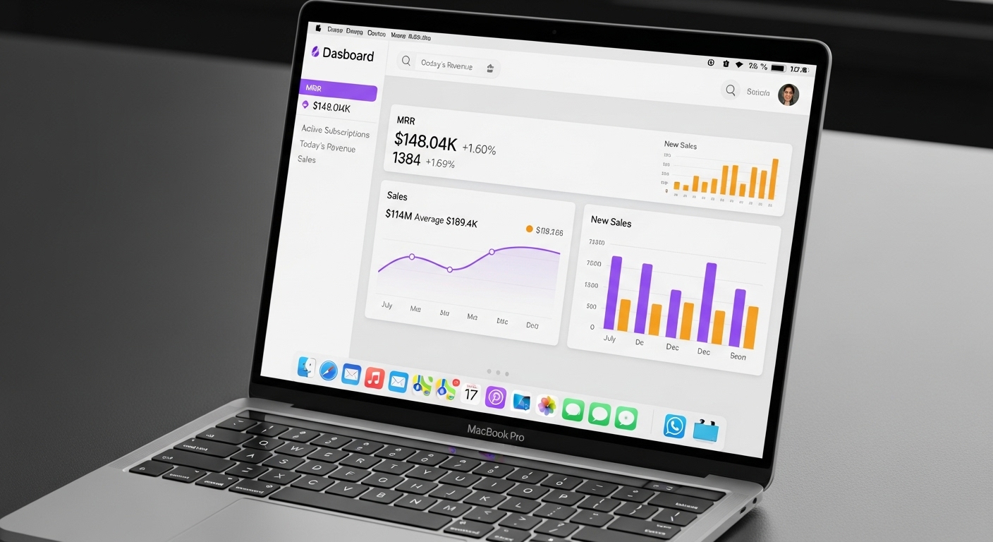 Um laptop MacBook Pro aberto exibe uma tela com vários gráficos e dados de vendas e receita, incluindo "MRR", "CMR", "TODAY'S REVENUE" e "Sales". Os gráficos mostram tendências e barras de vendas ao longo dos meses. A barra de aplicativos na parte inferior da tela do laptop é visível. A imagem ilustra a análise de dados e o acompanhamento do desempenho, aspectos cruciais para entender Como Vender pela Internet.