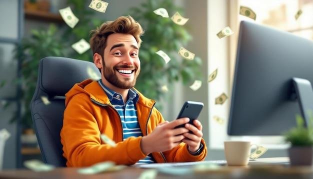 Homem sorridente usando um celular enquanto notas de dinheiro flutuam ao seu redor. Representa o sucesso financeiro no mundo digital e como empreendedores podem ganhar dinheiro aprendendo como vender pela internet de forma estratégica e automatizada.