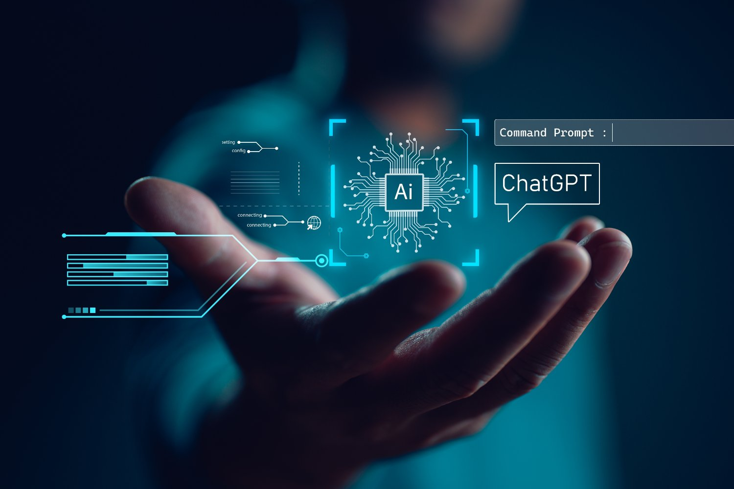 Uma mão em um ambiente escuro segura uma projeção holográfica futurista que exibe um chip com a sigla 'Ai' e a interface de um chatbot com o nome 'ChatGPT'. A imagem simboliza a integração de inteligência artificial e ferramentas como o ChatGPT no marketing digital para automação e criação de conteúdo.