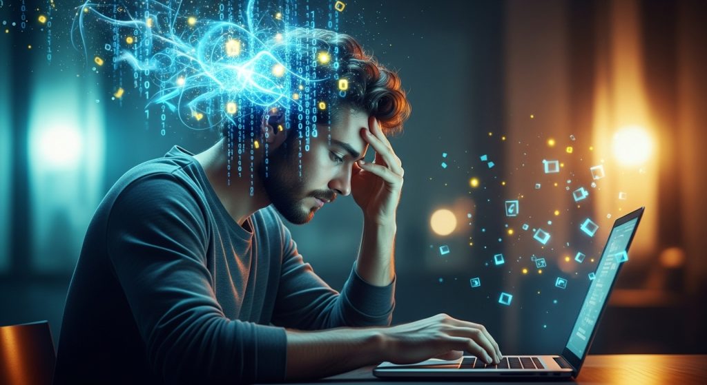 Representação de um profissional pensando intensamente em estratégias digitais e dados no laptop, com foco em resultados de vendas.
