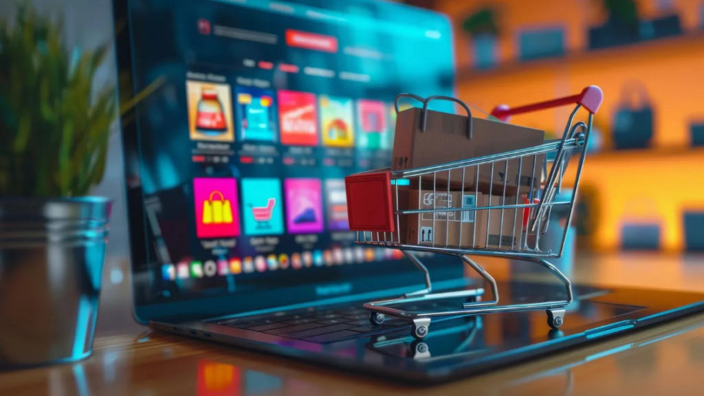 Um carrinho de compras em miniatura, cheio de caixas, está posicionado sobre o teclado de um notebook. A tela do computador mostra uma interface de loja online com ícones de produtos. A imagem simboliza a facilidade e o crescimento do comércio eletrônico e a venda de infoprodutos, destacando a conveniência de adquirir produtos digitais diretamente pela internet.