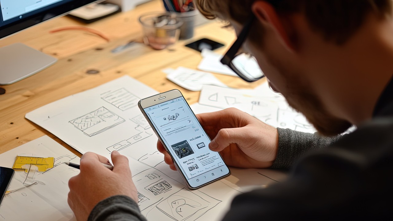 Pessoa revisando um aplicativo de e-commerce ou listagem de produtos em um smartphone, com esboços de design de interface ao redor, focando na otimização da experiência para vendas.