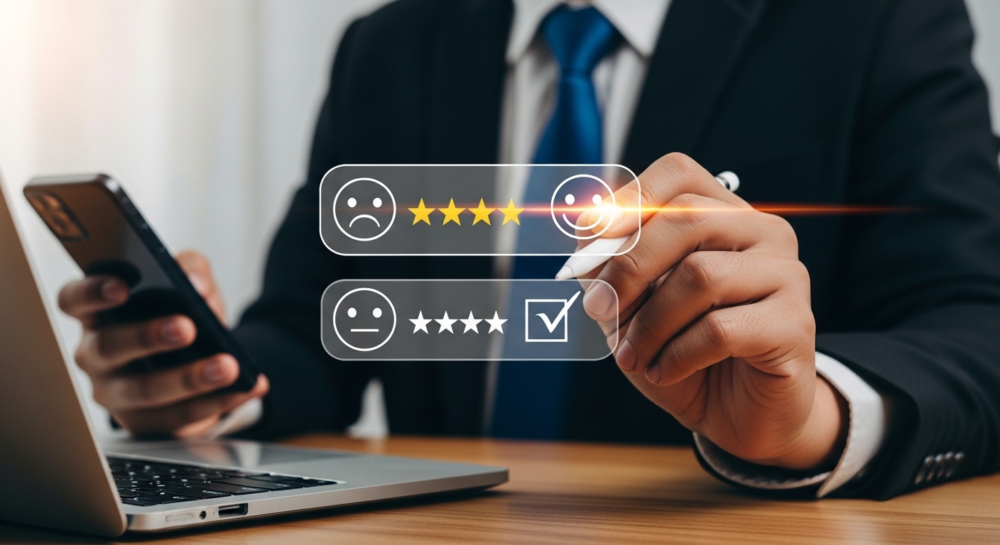 Profissional de negócios avaliando a satisfação do cliente com estrelas e emojis em uma interface digital, destacando a importância do feedback para impulsionar vendas futuras.