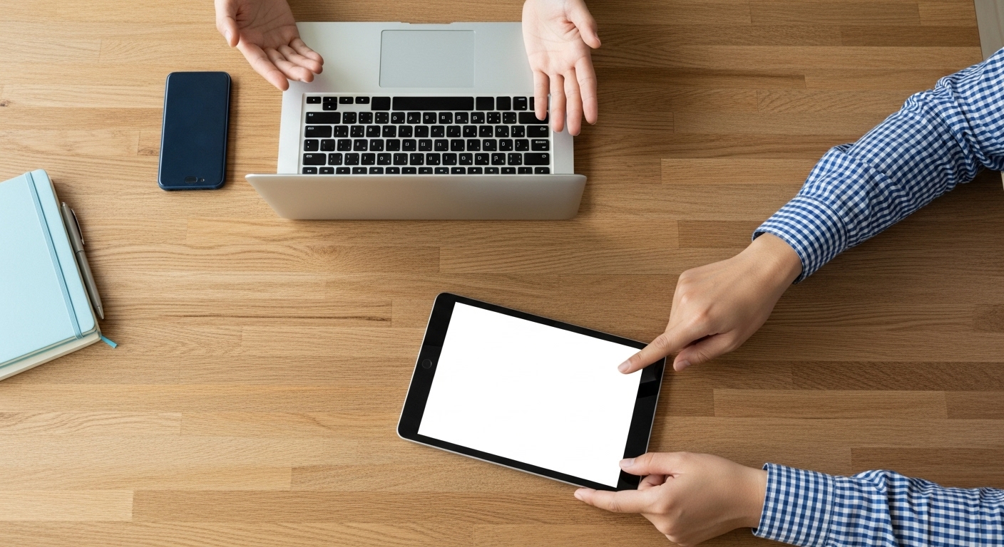 Visão superior de duas pessoas em uma mesa de madeira, uma apontando para um tablet com tela branca e a outra perto de um laptop, ideal para apresentações de produtos ou discussões de vendas.