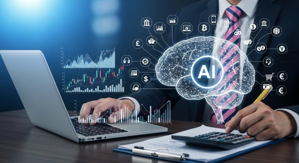 Um profissional em um escritório analisa dados em um laptop, enquanto uma projeção holográfica de um cérebro digital com a sigla 'AI' flutua ao seu lado. Ícones de redes sociais, e-commerce e finanças cercam o cérebro, simbolizando a aplicação da inteligência artificial na análise de dados para otimizar estratégias de marketing digital.