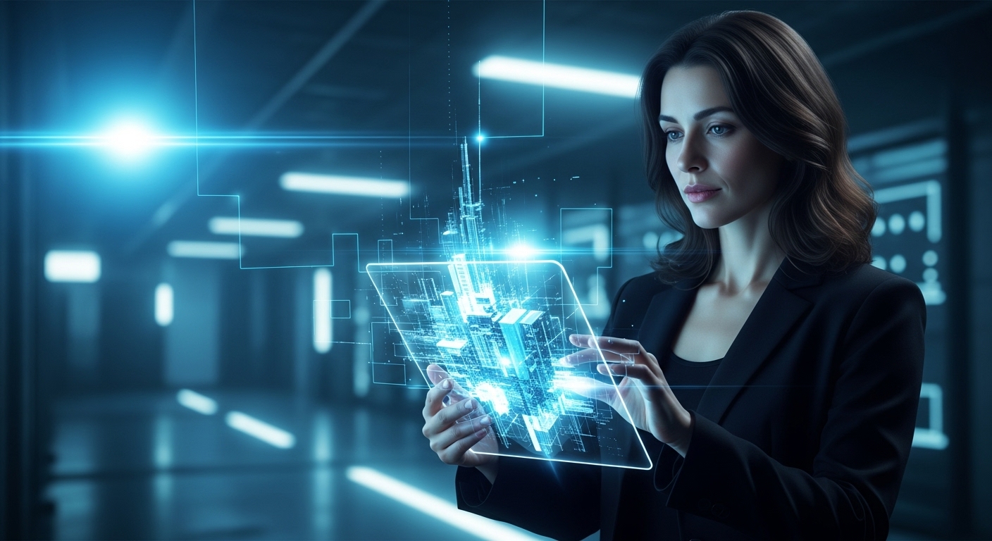 Uma mulher de negócios em um ambiente futurista interage com uma projeção holográfica de uma cidade, ilustrando a aplicação de estratégias avançadas de marketing digital em ambientes urbanos e tecnológicos.