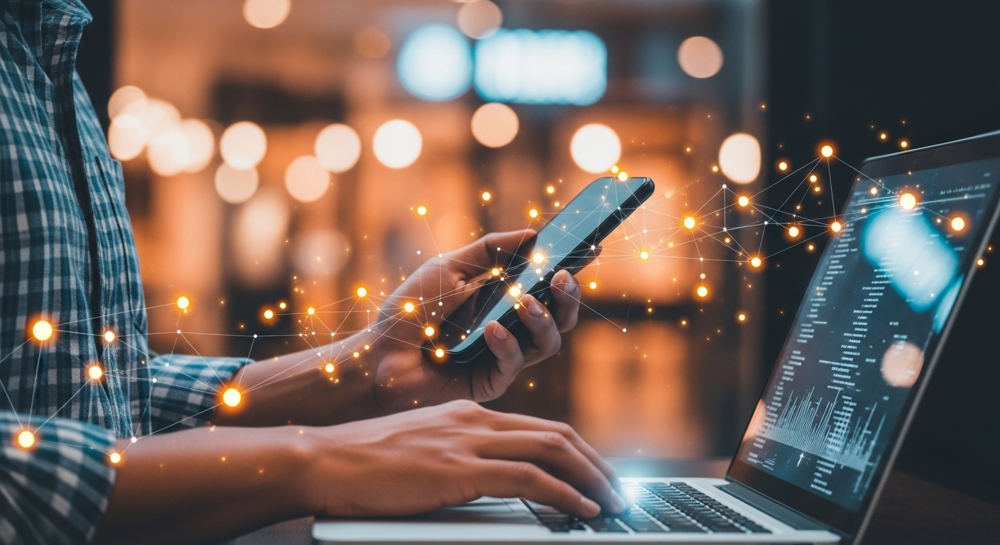 Uma pessoa em um ambiente moderno e iluminado trabalha em um laptop e segura um smartphone, com uma rede de pontos de luz brilhantes conectando os dois dispositivos. A imagem representa a integração de ferramentas e plataformas no marketing digital para otimizar o alcance e a análise de dados.
