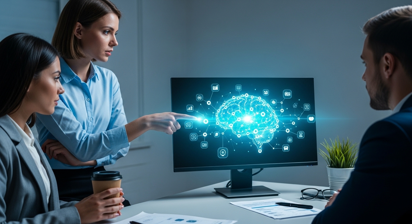 Uma equipe de profissionais em uma reunião analisa uma tela de computador com a representação gráfica de um cérebro digital brilhante, conectado a diversos ícones. A imagem ilustra a aplicação de inteligência artificial e análise de dados para otimizar estratégias de marketing digital.