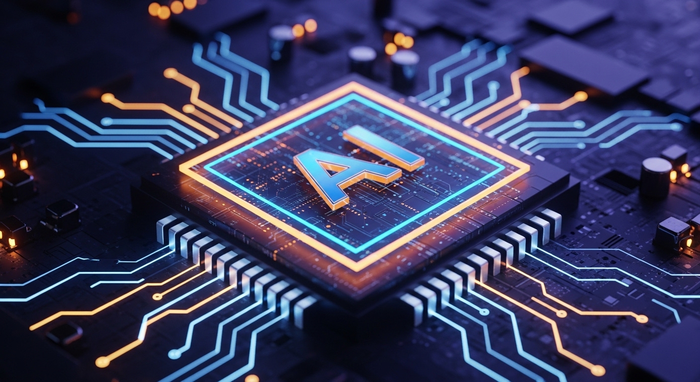 Um microchip brilhante com a inscrição "AI" (Inteligência Artificial) em seu centro, cercado por trilhas de circuito eletrônico iluminadas em tons de azul e laranja, simbolizando o uso da inteligência artificial no marketing digital para análise de dados e automação.