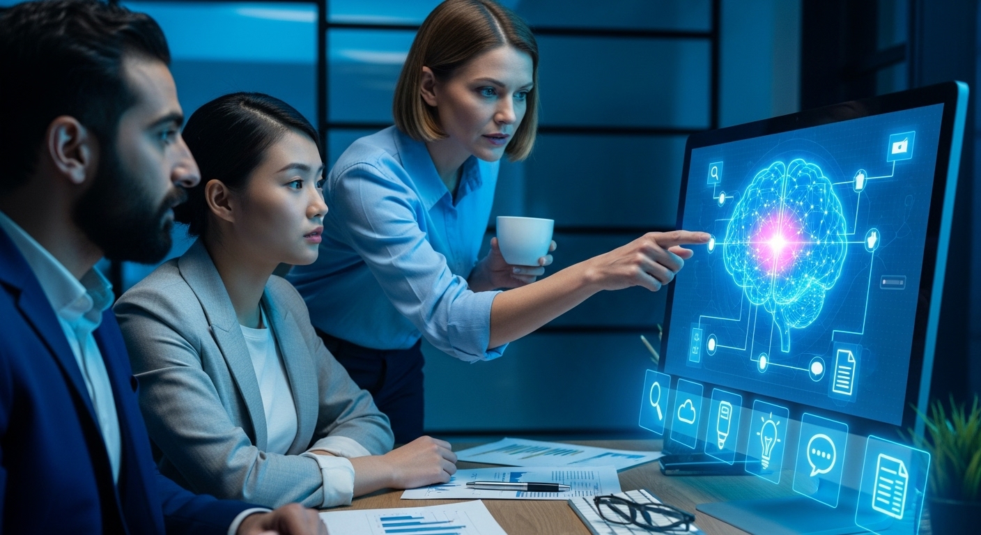 Três profissionais de marketing digital, dois homens e uma mulher, observam atentamente um monitor de computador. A tela exibe um cérebro digital iluminado, cercado por ícones que representam diversas ferramentas e estratégias, enquanto a mulher aponta para o cérebro, ilustrando a aplicação de inteligência artificial em marketing digital para análise de dados e otimização de campanhas.