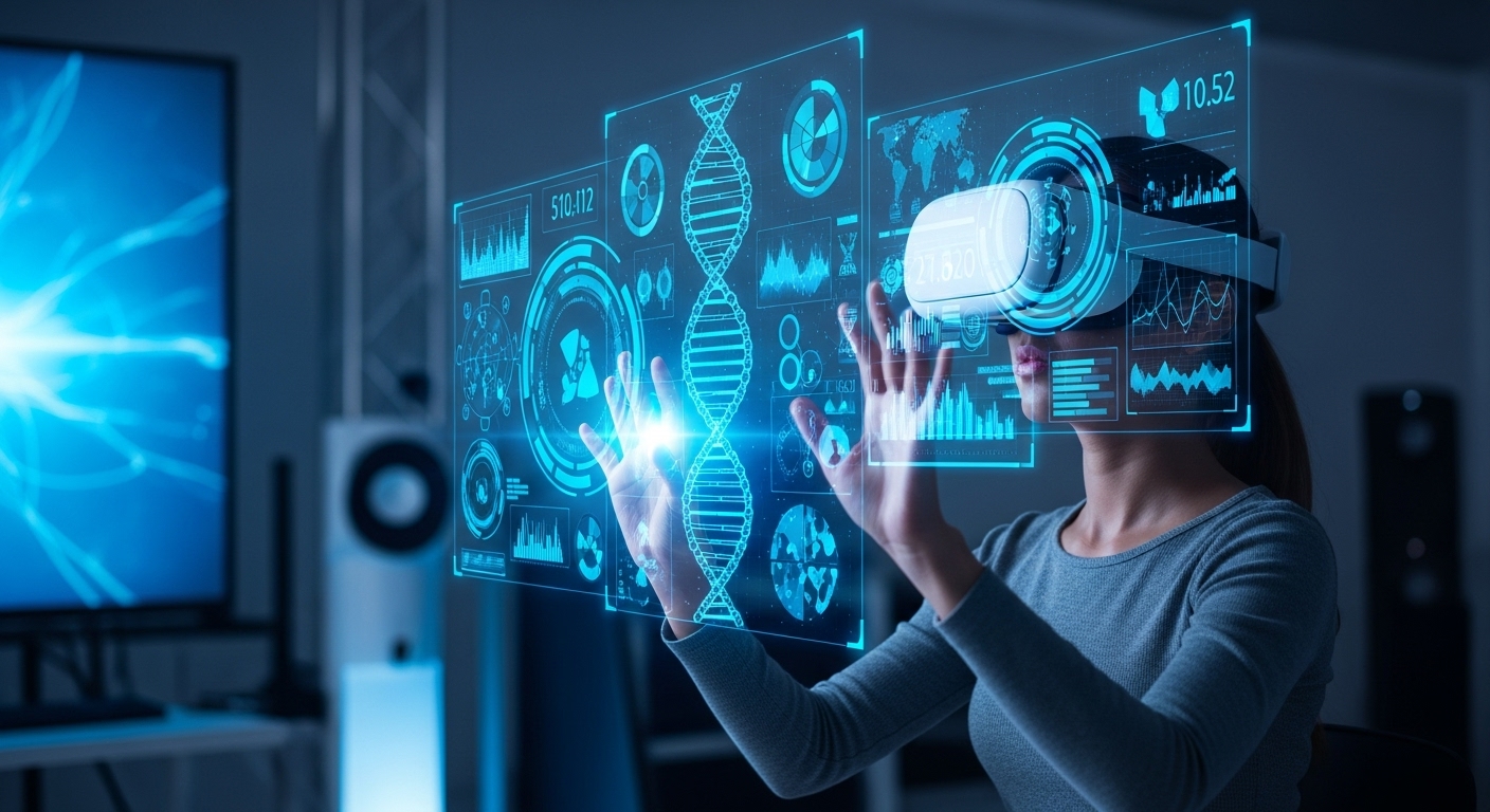 Uma mulher usando óculos de realidade virtual interage com uma interface futurista e translúcida. Ela manipula dados e gráficos flutuantes, que incluem representações de DNA, mapas globais e estatísticas, demonstrando a aplicação de tecnologias avançadas como VR e AR para visualização de dados e experiências imersivas no marketing digital.