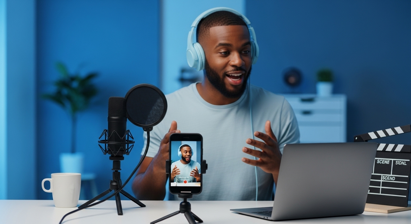 Um jovem negro com fones de ouvido está gravando um vídeo para marketing digital. Ele está em frente a um microfone profissional e um smartphone que o filma, com um laptop e uma claquete de cinema visíveis na mesa. Ele gesticula e sorri, indicando a criação de conteúdo engajador para plataformas online.