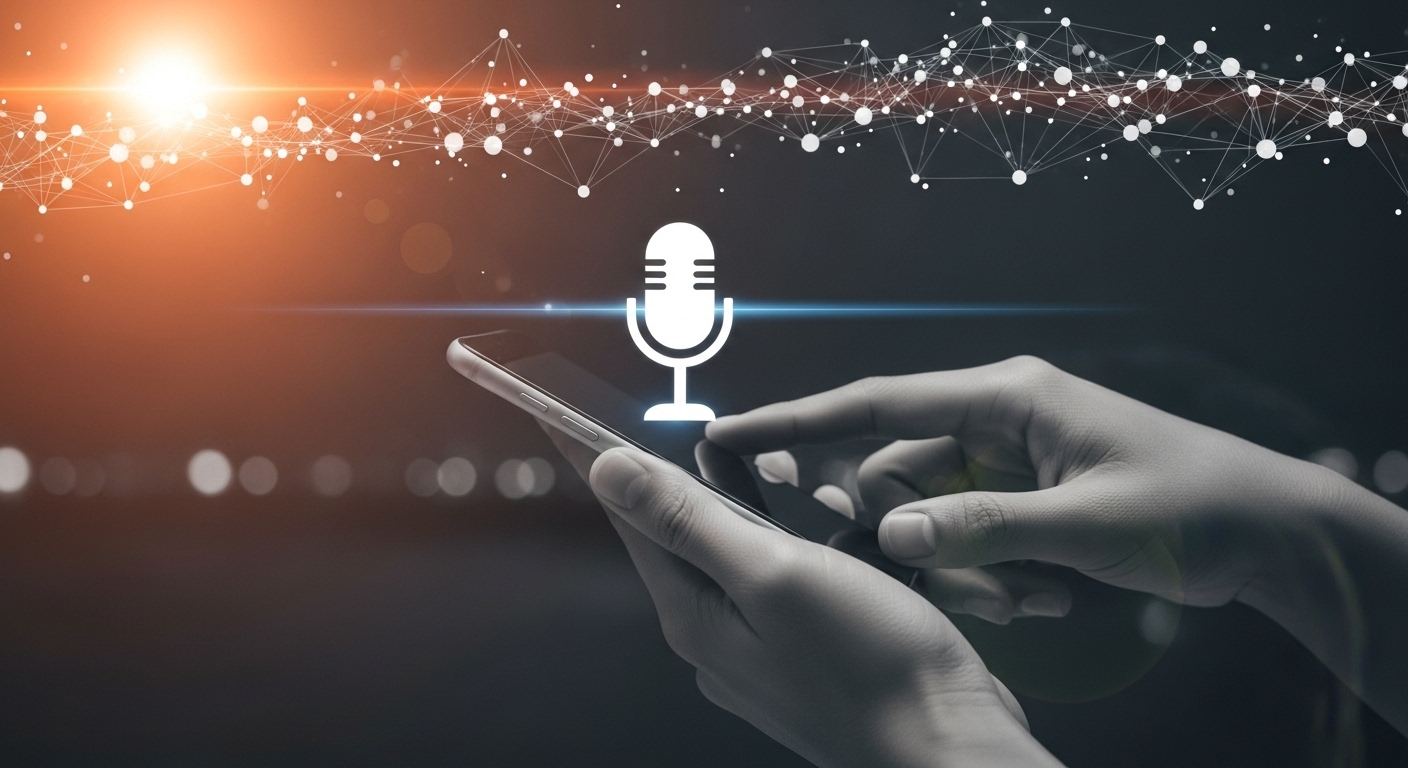 Mãos segurando um smartphone com o ícone de um microfone flutuante no centro da tela. Acima, há uma rede de conexões digitais brilhantes, simbolizando a expansão do marketing digital por meio de comandos de voz, podcasts e conteúdo em áudio. A iluminação em tons de laranja e azul escuro sugere tecnologia e inovação.