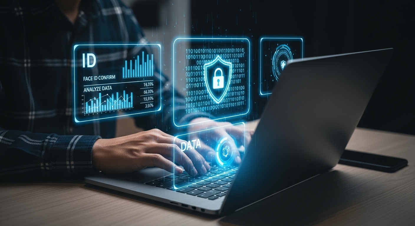 Uma pessoa trabalha em um laptop, com várias telas de interface virtual flutuando sobre o teclado. As telas exibem gráficos de análise de dados, um código binário com um ícone de cadeado e dados de identificação, representando a importância da segurança, privacidade e análise de dados para estratégias de marketing digital eficazes. A iluminação em tons de azul reforça o tema tecnológico.