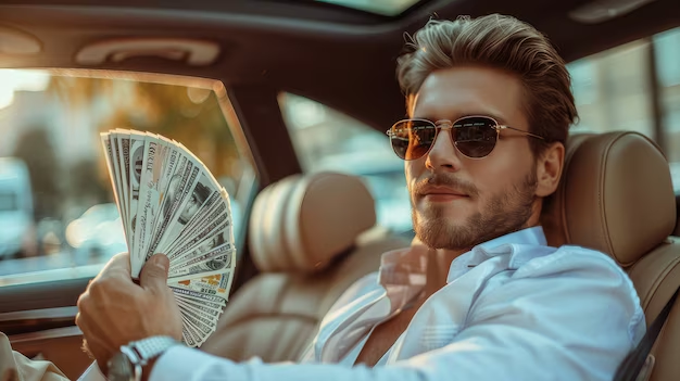 Um homem de óculos escuros dentro de um carro de luxo segurando um leque de notas de dólar. Representa o conceito de sucesso financeiro ao vender produtos e serviços de alto valor.