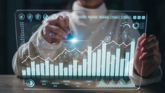 Profissional analisando gráficos digitais interativos, demonstrando como dados e métricas são essenciais no Marketing Digital para avaliar o desempenho de campanhas.