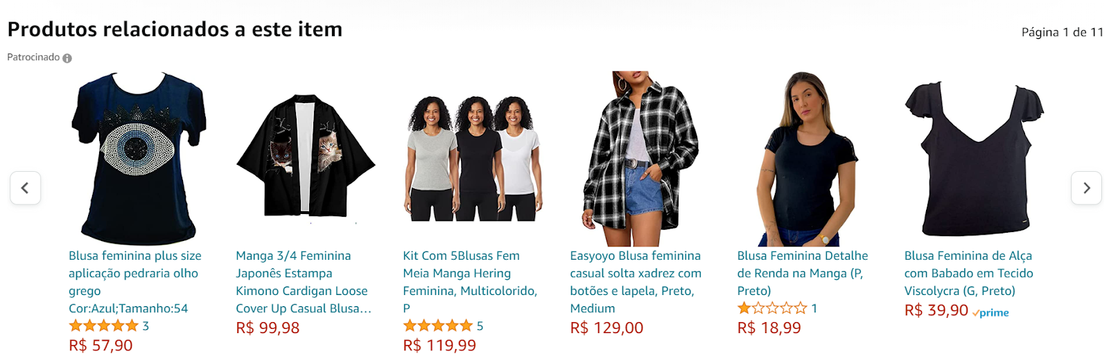 Captura de tela de uma plataforma de e-commerce exibindo sugestões de produtos relacionados, incluindo diversas blusas femininas. A imagem reflete a importância do Marketing Digital no varejo online, destacando como recomendações personalizadas podem aumentar as vendas e melhorar a experiência do usuário.