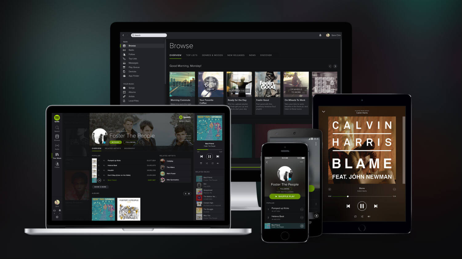 Interface do Spotify sendo exibida em um laptop, tablet e smartphone, mostrando playlists e informações de artistas. Esta imagem ilustra como o Marketing Digital utiliza múltiplos dispositivos e plataformas para alcançar usuários por meio de streaming, anúncios personalizados e estratégias de engajamento.