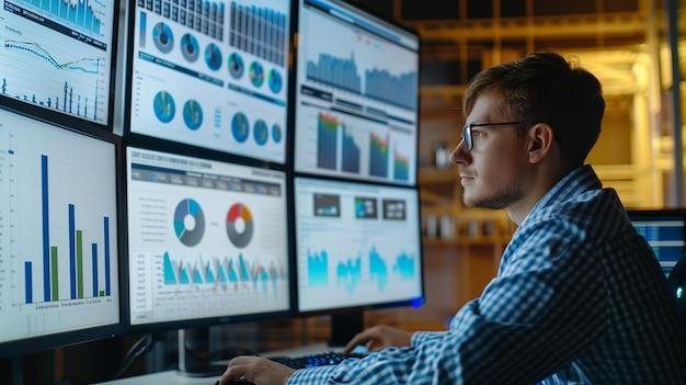 Profissional analisando múltiplos painéis de dados com gráficos de desempenho, taxas de conversão e relatórios. O monitoramento e a análise de métricas são essenciais para estratégias de vendas otimizadas.