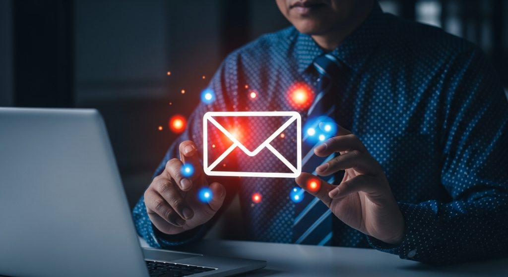Jovem profissional em ambiente de trabalho moderno interage com uma projeção holográfica de um ícone de e-mail iluminado, simbolizando o conceito de E-mail Marketing e a comunicação digital estratégica.