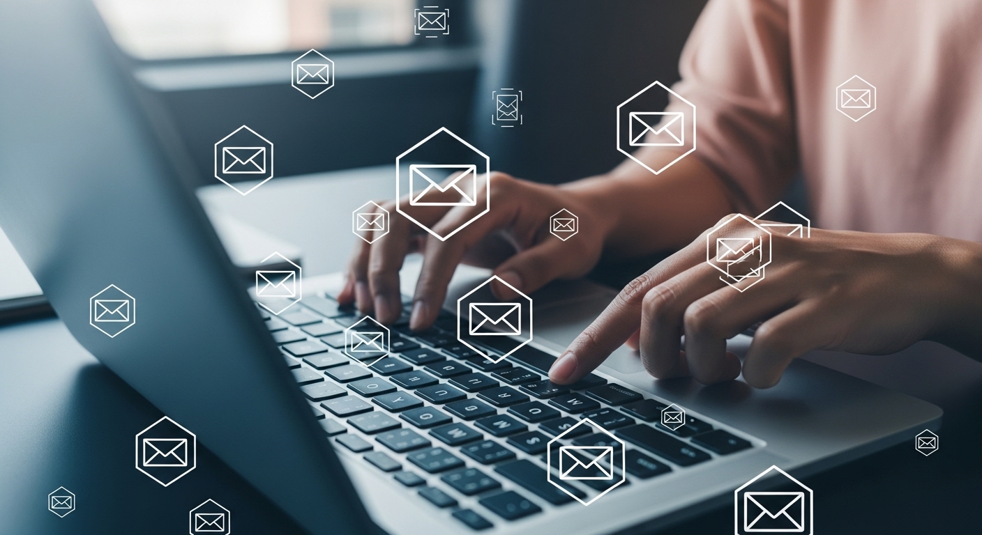 Mãos digitando em um laptop, com múltiplos ícones de e-mail sobrepostos na imagem, simbolizando a criação ou gestão de campanhas de E-mail Marketing.