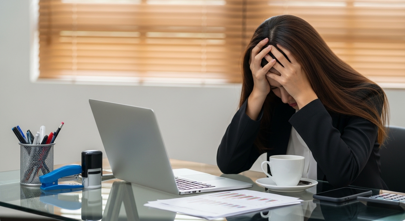 Mulher estressada em frente a um laptop, simbolizando os desafios ou a sobrecarga em campanhas de E-mail Marketing.