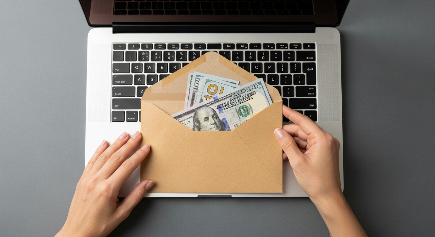 Mãos colocando um envelope com dinheiro sobre um laptop, metaforicamente representando o potencial de lucro com E-mail Marketing.