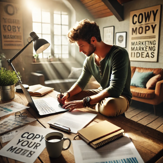 Um homem concentrado em um escritório moderno, digitando em seu laptop enquanto anota algo em um caderno. Na mesa, há uma folha com a frase "COPY YOUR MOT" em destaque, junto a gráficos e uma caneca de café, refletindo um ambiente de trabalho focado em estratégias de marketing, copy e copywriting.