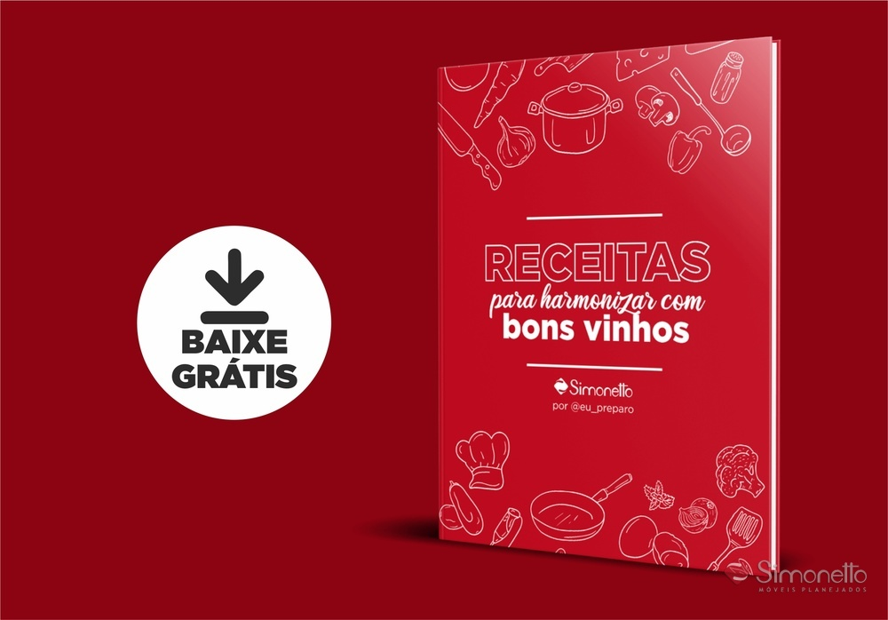 Imagem de um ebook com o título 'Receitas para harmonizar com bons vinhos', acompanhado de um botão chamativo para baixar gratuitamente, oferecendo uma oportunidade de vendas de produtos relacionados a gastronomia e vinhos.