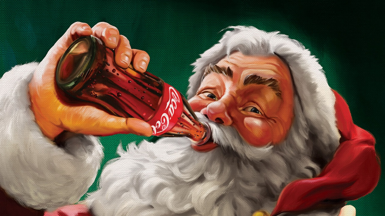 Imagem do Papai Noel sorrindo enquanto toma uma Coca-Cola, destacando a conexão entre marcas e momentos de celebração. A Coca-Cola tem sido mestre em criar campanhas que aumentam suas vendas, associando sua imagem ao espírito festivo.