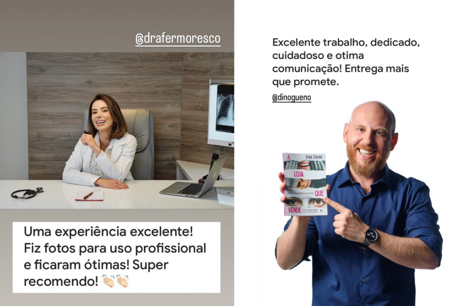 "Imagem de uma profissional de saúde sorrindo em seu consultório, com um depoimento destacando a experiência positiva ao contratar serviços fotográficos. Ela compartilha como as fotos ajudaram a aumentar as vendas de seu trabalho e visibilidade.