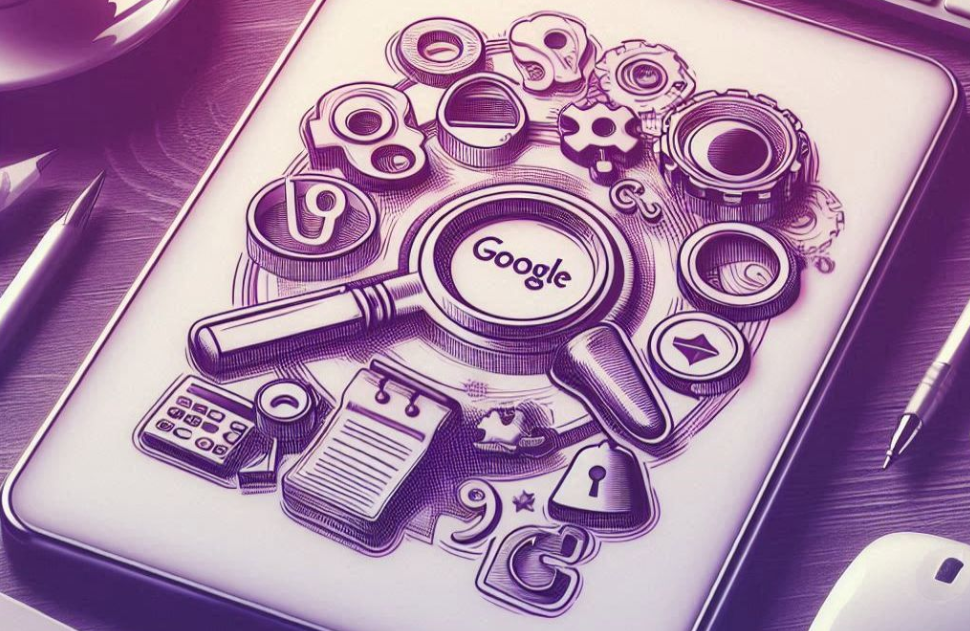 Ilustração intrincada de marketing de conteúdo com uma lupa da Google cercada por ícones de ferramentas digitais, representando a abordagem estratégica de criação e distribuição de conteúdo online, com elementos de análise e comunicação digital.