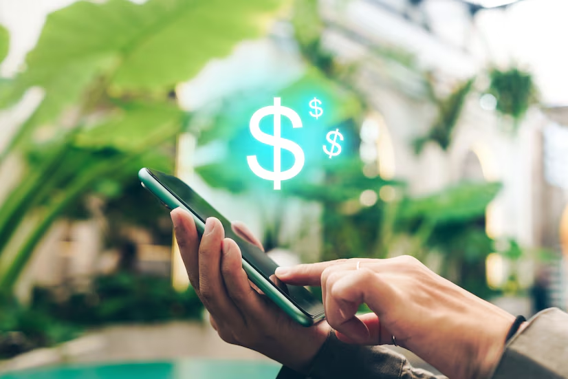 Mãos segurando um smartphone com ícones de dólar flutuando na tela, representando transações financeiras digitais e maneiras de ganhar dinheiro online.