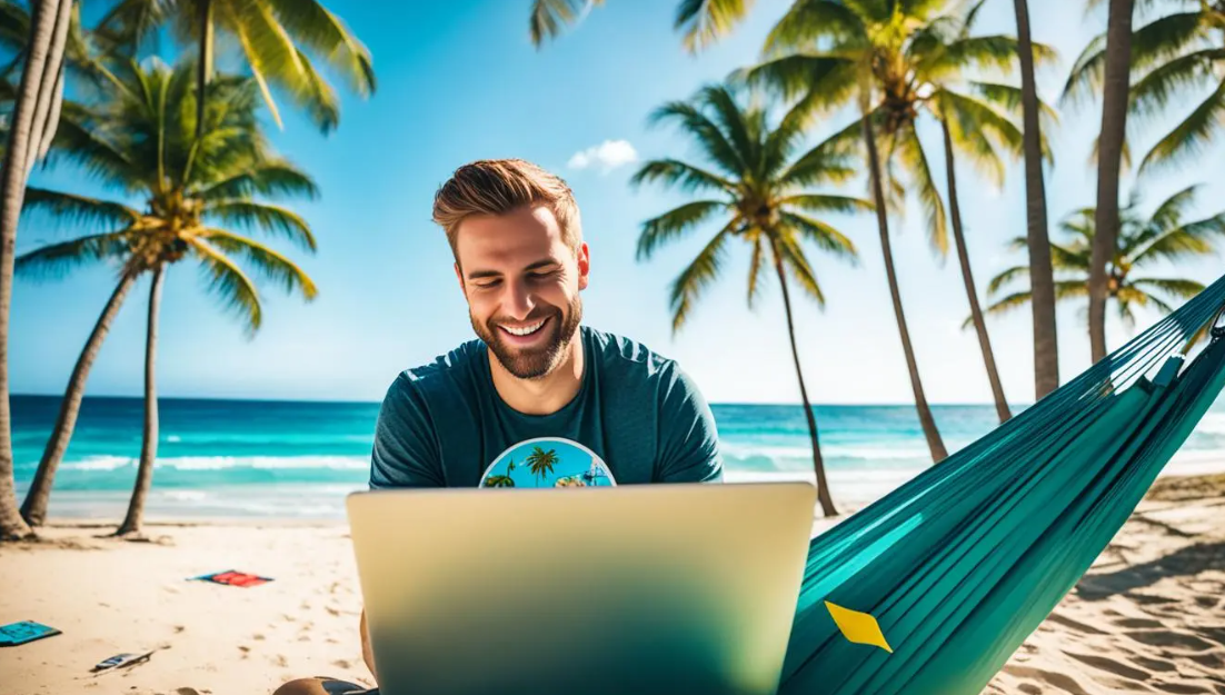 Homem sorridente trabalhando em notebook em uma praia tropical, ilustrando liberdade financeira com renda online.