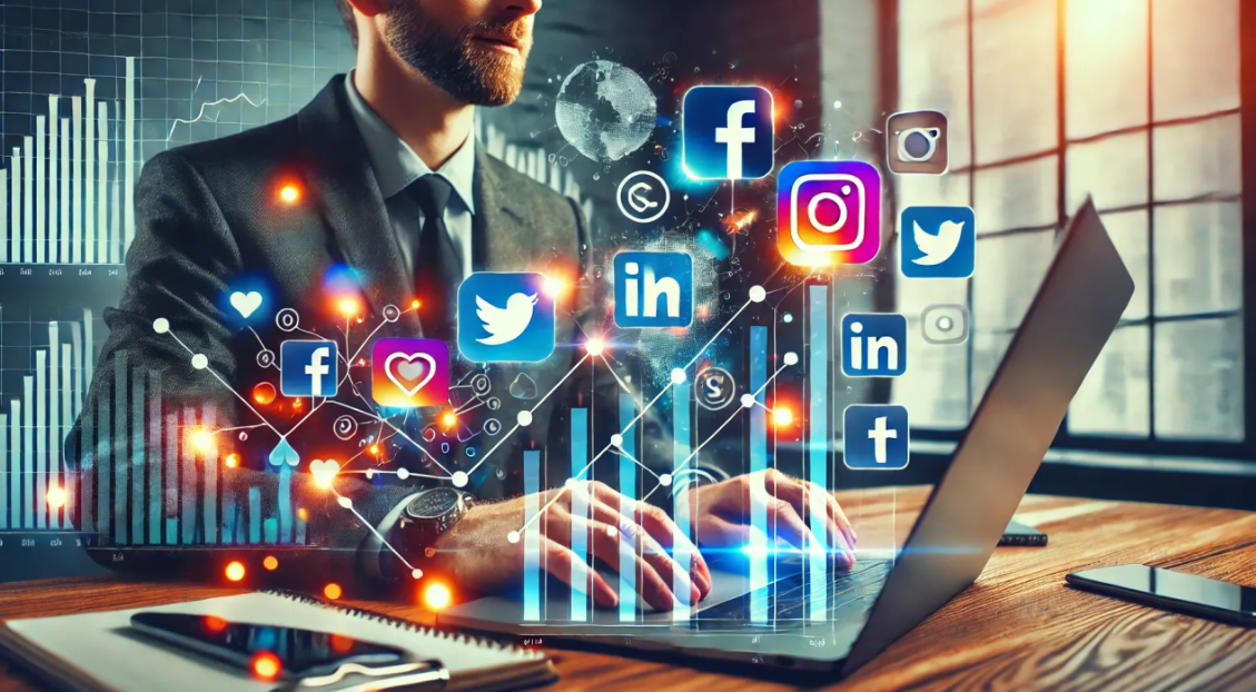 Profissional trabalhando com estratégias de redes sociais para gerar engajamento e alcançar resultados.