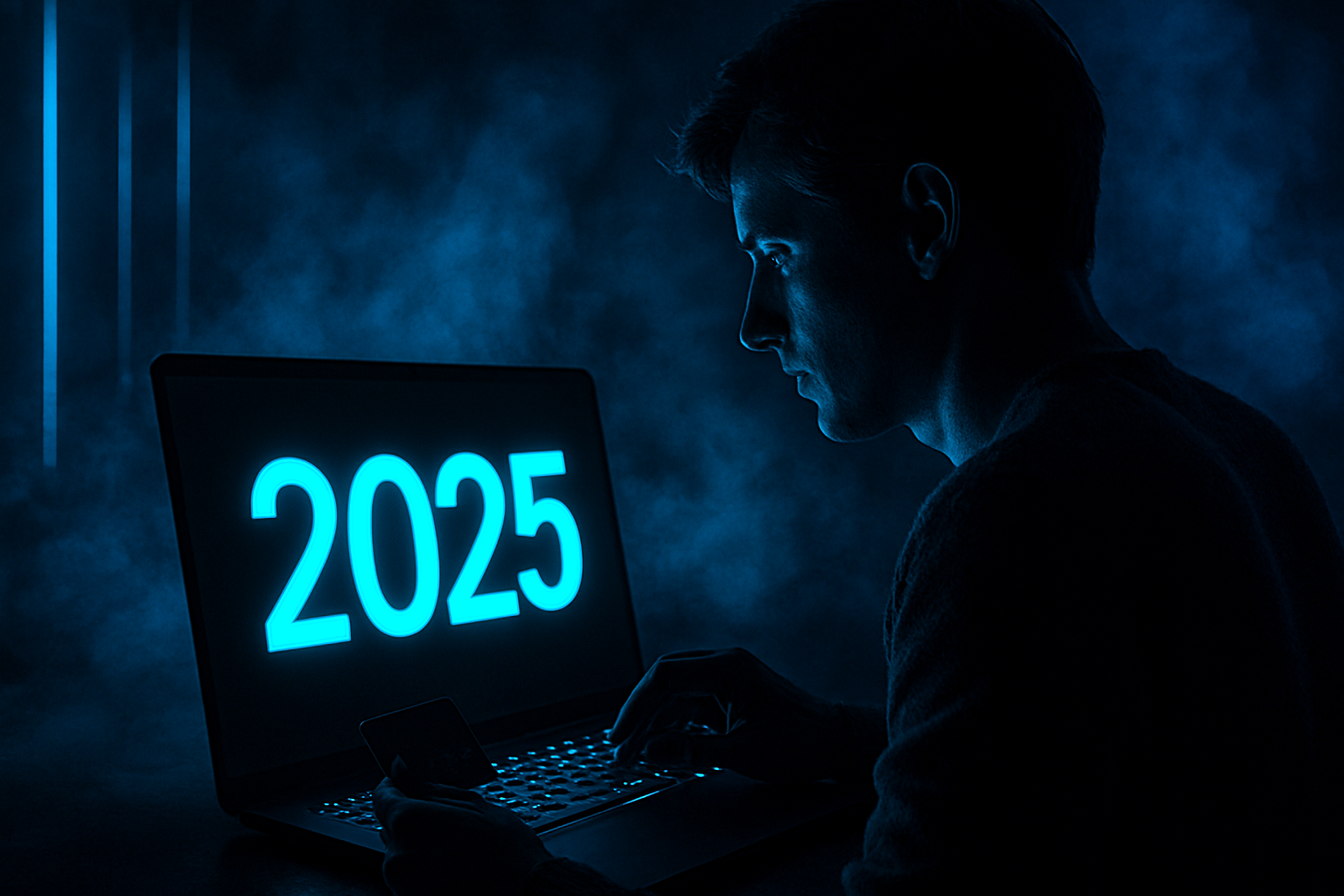 Homem usando notebook com destaque para o número 2025 em azul neon, representando tendências para o futuro digital.