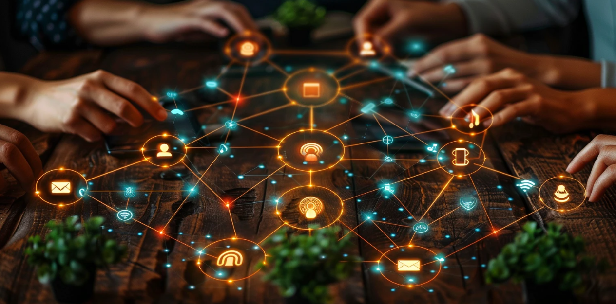 Várias mãos conectadas por uma rede digital com ícones de comunicação e tecnologia sobre uma mesa, representando o poder do networking digital.