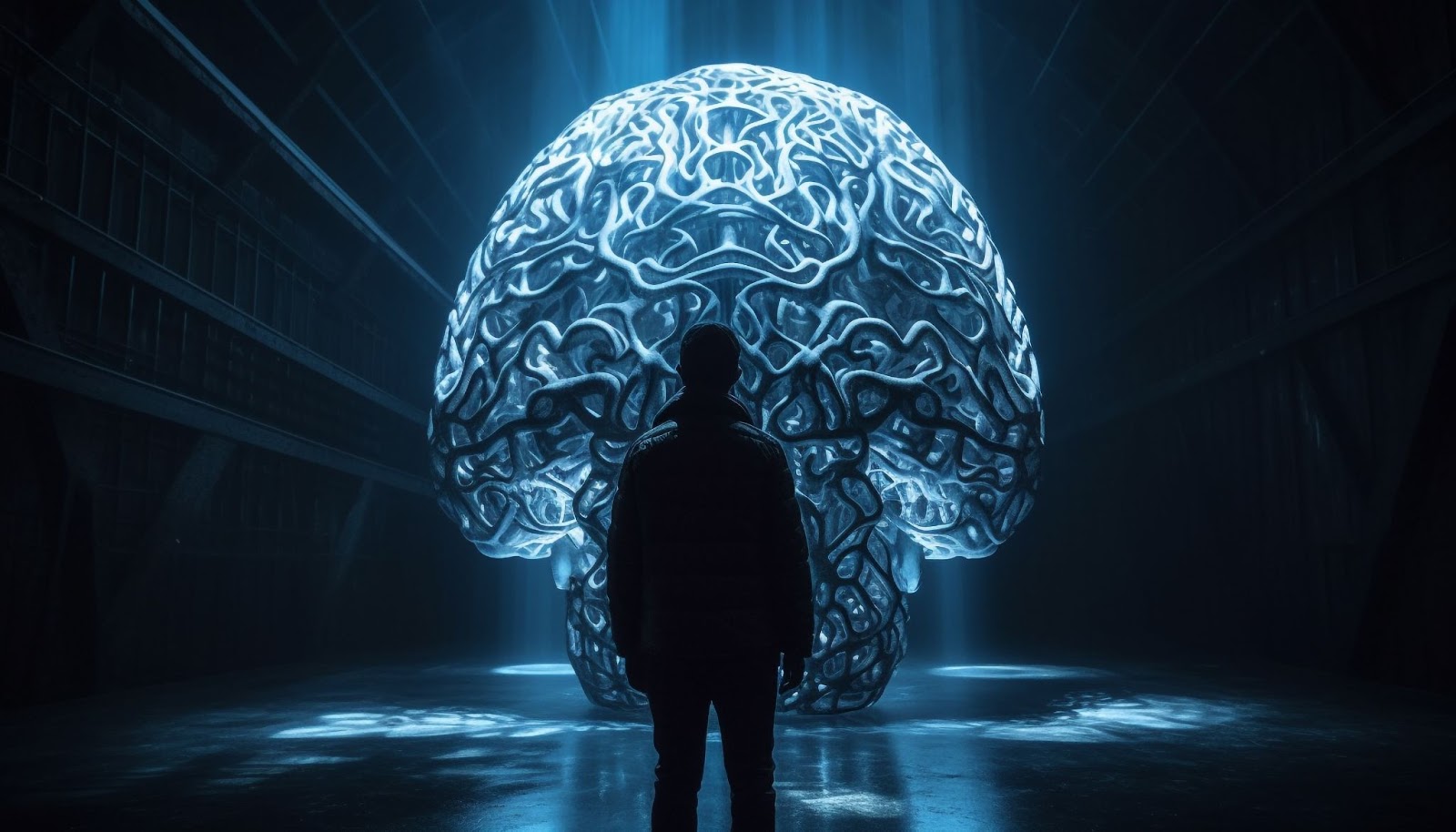 Pessoa observando uma estrutura cerebral iluminada e futurista, representando o impacto da inteligência artificial e do UGC na criação de conteúdo digital.