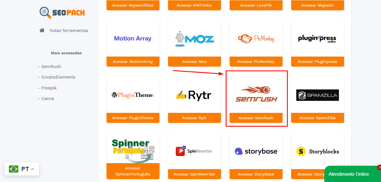 Painel da plataforma SEOPACK exibindo diversas ferramentas digitais, como Semrush, Rytr e Moz, essenciais para impulsionar um negócio online com estratégias de SEO, conteúdo e marketing digital.