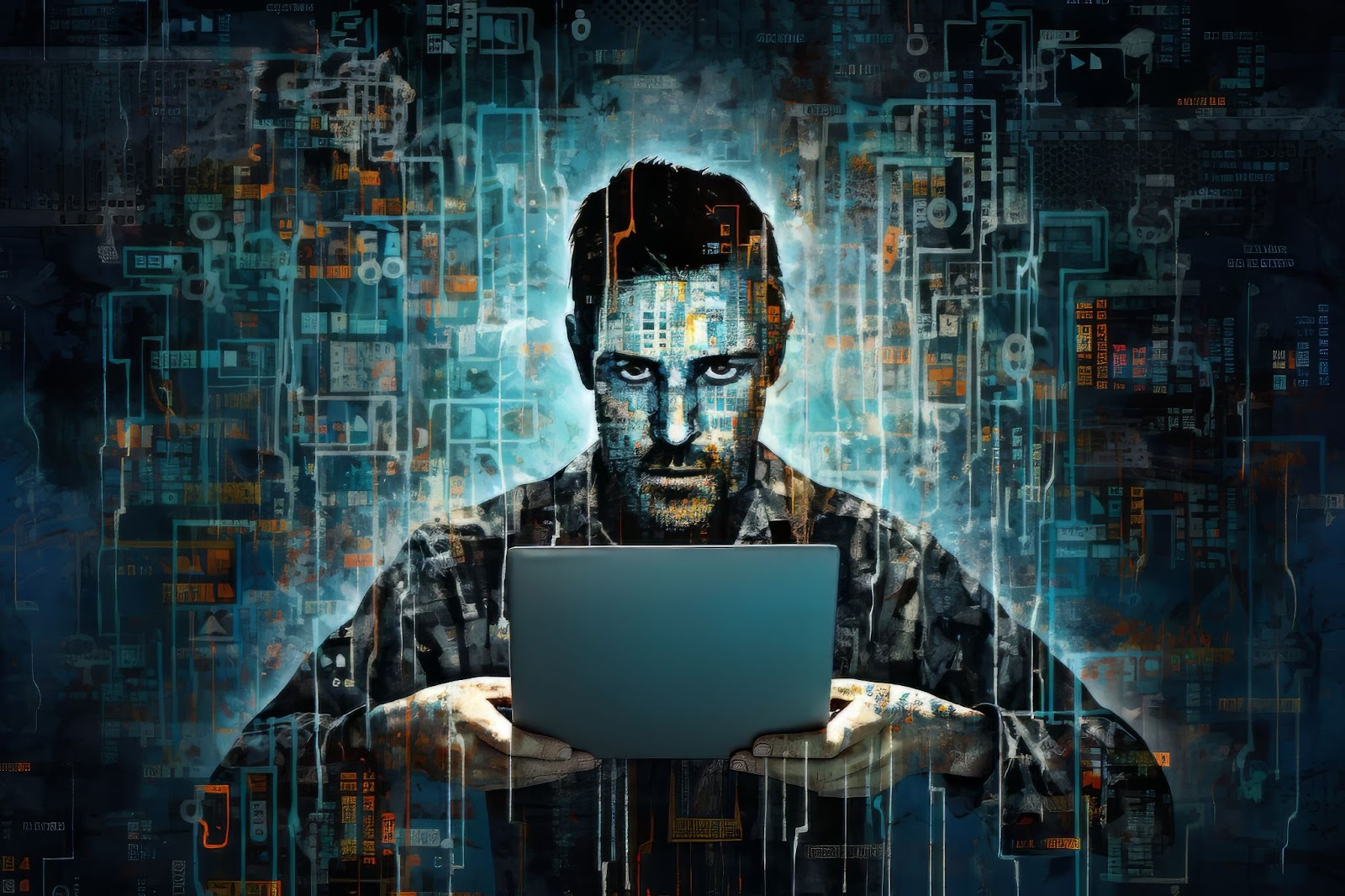 Homem com expressão séria e focada usando um laptop em meio a um ambiente digital abstrato e tecnológico, cercado por circuitos, códigos e gráficos cibernéticos, simbolizando o uso da inteligência digital e estratégias avançadas para lucrar alto no mundo virtual. A imagem transmite intensidade, concentração e domínio tecnológico como ferramentas essenciais para alcançar lucros expressivos.