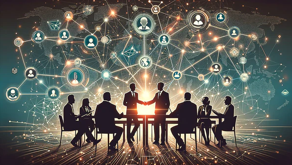 Silhuetas de empresários em uma mesa de reunião, com ícones digitais conectando pessoas ao fundo, simbolizando networking corporativo internacional.