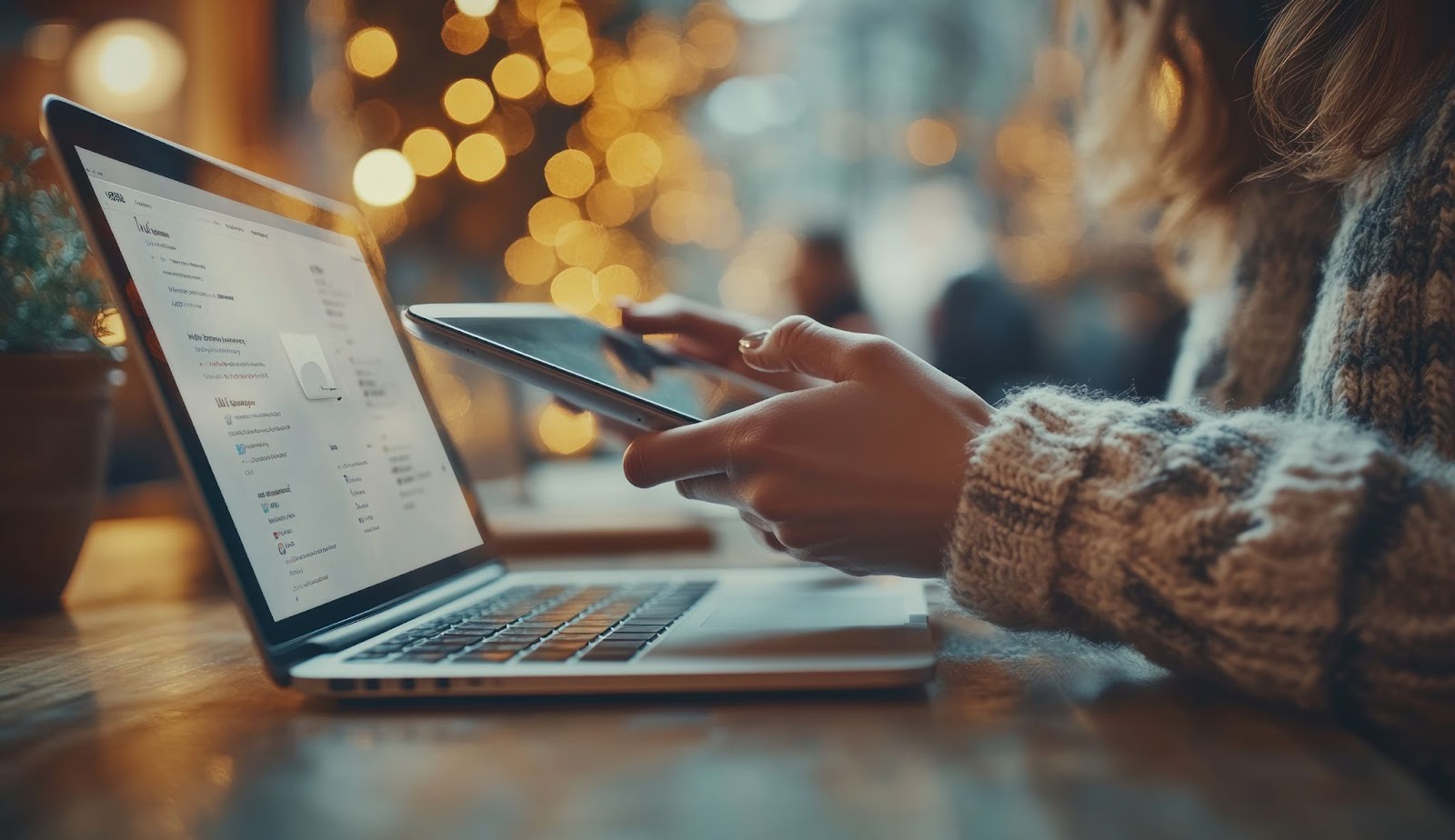 Pessoa utilizando tablet e laptop em ambiente aconchegante, desenvolvendo estratégias de branding digital com foco em presença online e identidade visual da marca.