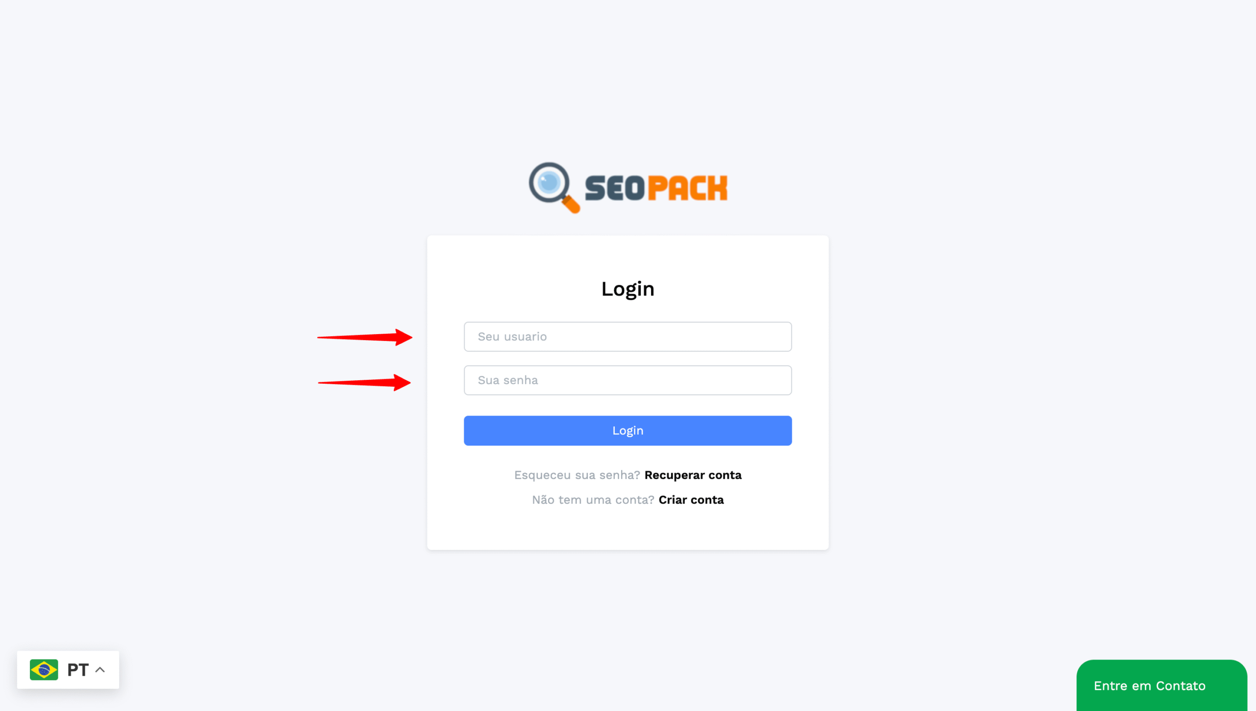 Tela de login da plataforma SEOPACK, com campos para usuário e senha, voltada para gestão e otimização de negócio online.
