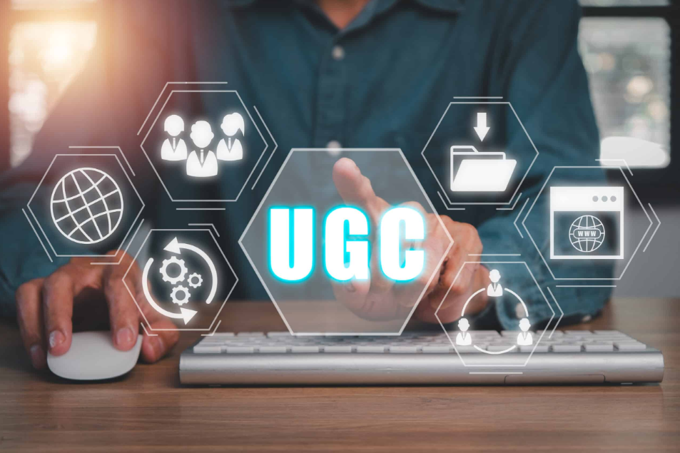 Pessoa interagindo com interface digital representando UGC, com ícones de internet, usuários, automação e compartilhamento de conteúdo.