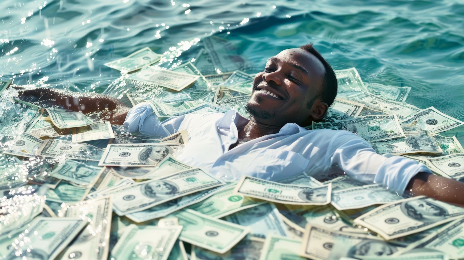 Homem sorridente relaxando em um mar de notas de dólar, simbolizando o sucesso financeiro e o desejo de lucrar alto com estratégias eficazes.