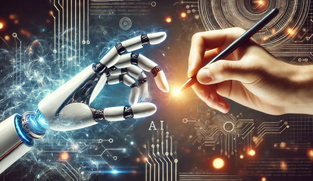 Mão humana com uma caneta tocando a mão de um robô, simbolizando a criação de prompts para inteligência artificial em um ambiente futurista e tecnológico.