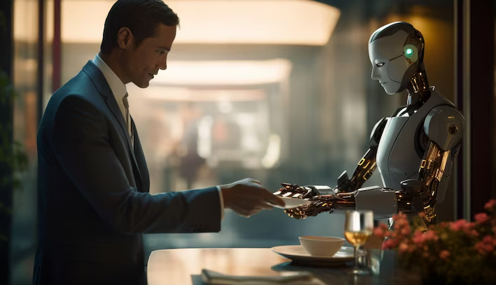 Executivo entregando documento a robô em ambiente sofisticado, representando a automação de processos e o uso avançado de prompts em interações corporativas com inteligência artificial.